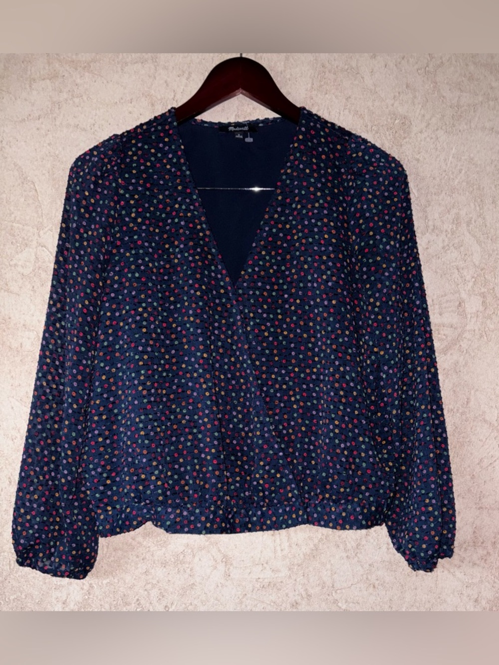Madewell Wrap Front Navy V-Neck Long-Sleeve Dot Print Blouse - Picture 2 of 5